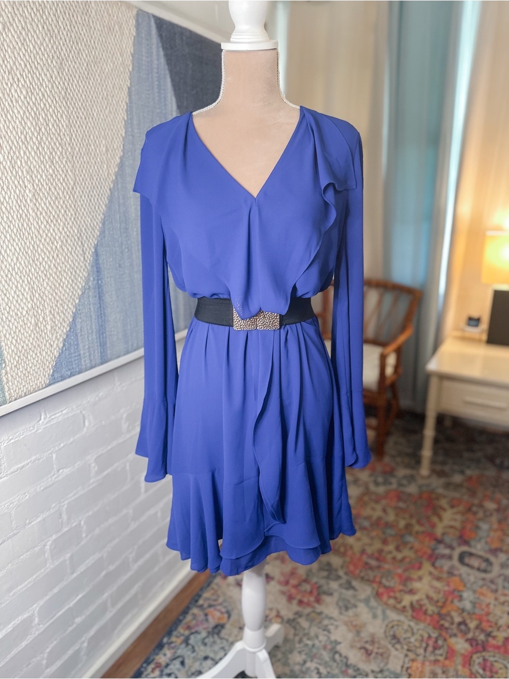BCBG Max Azria Blue Ruffle Long Sleeve Dress